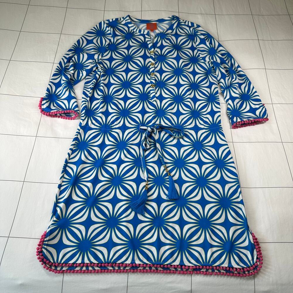 Tracy Negoshian Dress Womens Large Blue Geometric Pom Pom Print Resort Travel